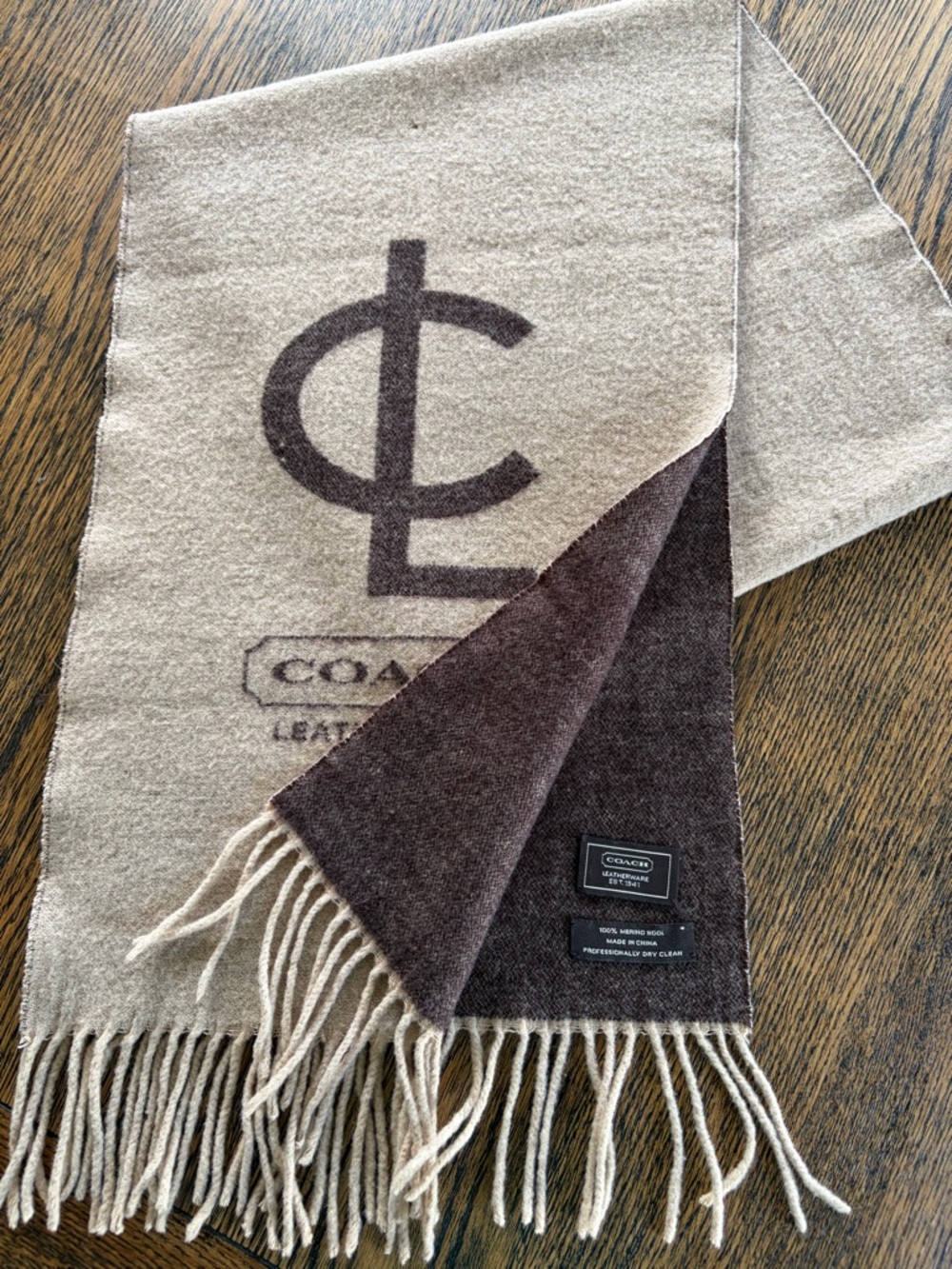COACH Merino Wool Reversible Brown & Tan Logo Scarf